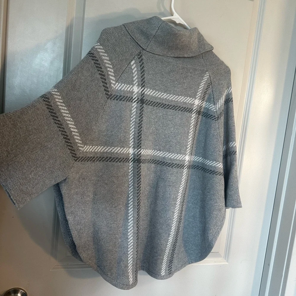 NEW Loft Grey Cotton Blend Plaid 3/4 Sleeve Cape Poncho Cowl Neck Sweater, XS/S